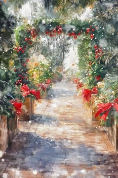 A picturesque garden pathway decorated with red bows and vibrant greenery, creating a festive winter atmosphere.