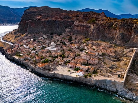 Aerial view of Monemvasia, a town in Laconia, Greece.