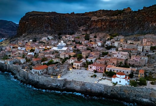 Aerial view of Monemvasia, a town in Laconia, Greece.