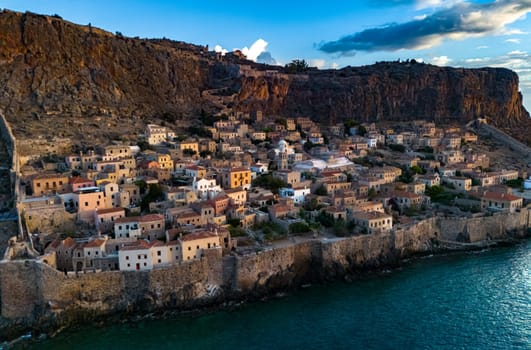 Aerial view of Monemvasia, a town in Laconia, Greece.