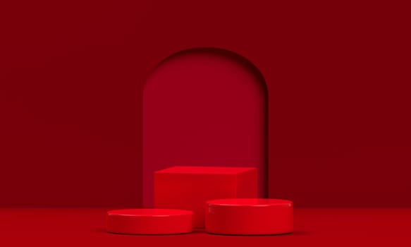 Podium red shape for show cosmetic product display for christmas day or new years. stand product showcase on red background
