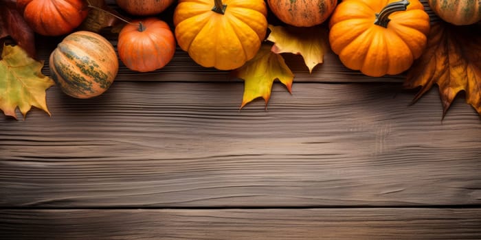 Autumn leaves and pumpkins on wooden background with copyspace - AI generated