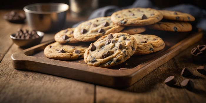 chocolate chip cookies on a wooden plate - AI generated