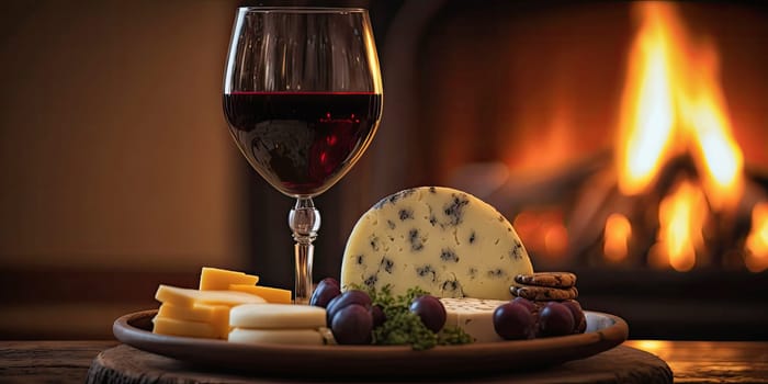 A glass of red wine with cheese and grapes - AI generated