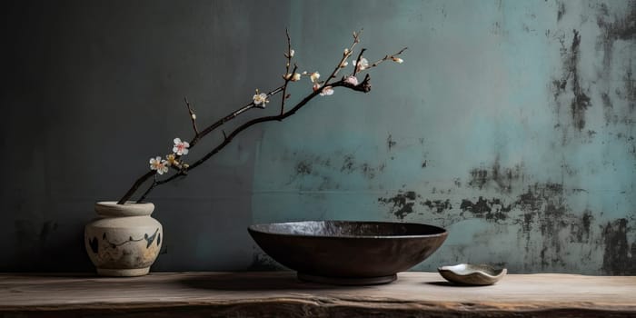 a rustic backdrop in turquoise with copyspace and vases in the foreground - AI generated