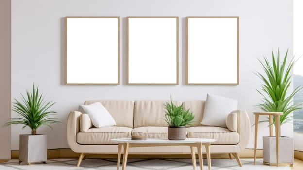 Mockup of three empty vertical picture frames in a modern living room - AI generated