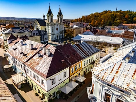 Aerial view of the city of Sanok in Bieszczady Mountains, Poland.