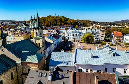 Aerial view of the city of Sanok in Bieszczady Mountains, Poland.