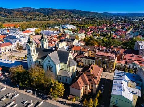 Aerial view of the city of Sanok in Bieszczady Mountains, Poland.