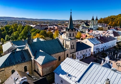 Aerial view of the city of Sanok in Bieszczady Mountains, Poland.
