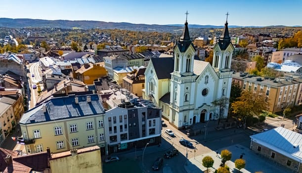 Aerial view of the city of Sanok in Bieszczady Mountains, Poland.