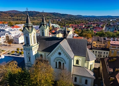 Aerial view of the city of Sanok in Bieszczady Mountains, Poland.