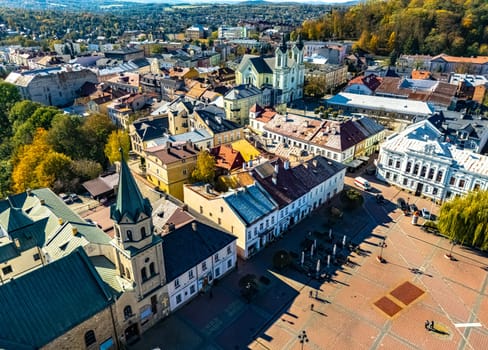 Aerial view of the city of Sanok in Bieszczady Mountains, Poland.