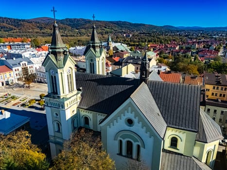 Aerial view of the city of Sanok in Bieszczady Mountains, Poland.