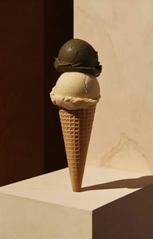 A tasty ice cream cone features a scoop of green matcha and a scoop of creamy vanilla against a minimalist background.