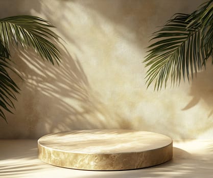 A circular stone platform is positioned against a textured wall, surrounded by palm leaves casting delicate shadows in warm light.