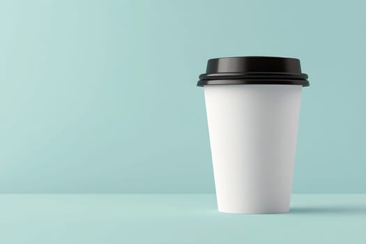 A plain white coffee cup with a black lid sits on a light blue table. The focus highlights the minimalist design of the cup.