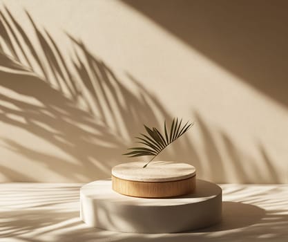 A minimalist arrangement features a circular stand with a single palm leaf casting dramatic shadows on a beige wall.