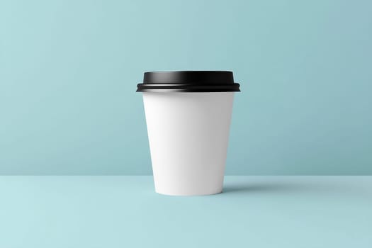 A simple white coffee cup rests on a light blue surface, highlighting its clean design and inviting potential use for beverages.