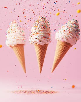 Three ice cream cones swirl with soft serve, topped with colorful sprinkles, suspended against a pastel pink background.