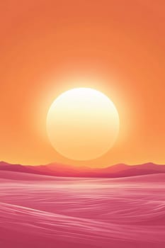 Vibrant sunset casts warm orange hues over a vast desert, highlighting rolling sand dunes and distant mountains during twilight.