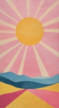 A large sun radiates warm light over serene hills, creating a colorful landscape with soft pink and yellow hues at dusk.