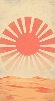 A vast desert stretches under a warm sunset, featuring soft sand dunes and a large sun radiating orange rays, creating a serene atmosphere.