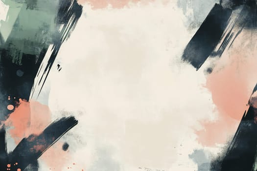 Bold strokes of black, green, and peach create an artistic display, showcasing texture and movement on a light background.