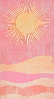 A warm sun radiates above soft, undulating waves in pastel colors, creating a serene and dreamy atmosphere during sunset.