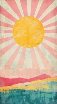 A vibrant sun rises above a stylized landscape, featuring pink and yellow hues against a textured background, evoking warmth and tranquility.