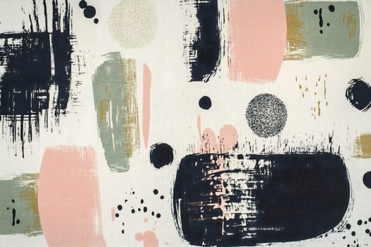 Bold colors and varied shapes create an abstract design, showcasing a blend of black, pink, and green in a dynamic composition.