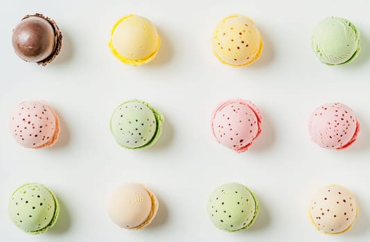Various ice cream scoops in multiple flavors arranged neatly on a white surface. Each scoop showcases unique colors and textures.