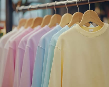 Soft pastel sweaters hang neatly on wooden hangers, showcasing a vibrant array of colors in a cozy retail space.