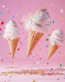 Three ice cream cones are suspended in the air, surrounded by colorful sprinkles, creating a fun and playful atmosphere.