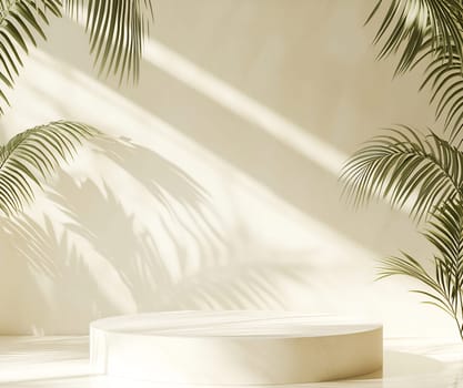 A serene setting features soft shadows and olive-green palm leaves against a light beige background, creating a tranquil atmosphere.