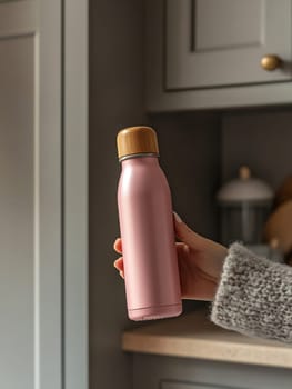 A person holds a pink insulated water bottle with a wooden lid in a modern kitchen setting, showcasing a blend of style and functionality.