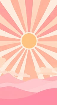A bright sun rises above gentle pink hills, casting warm rays across a pastel sky filled with soft clouds.