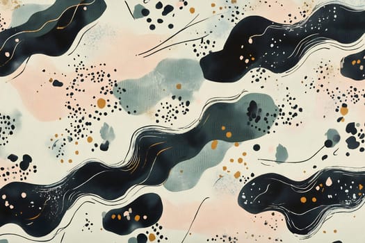 Colorful abstract design features flowing shapes in shades of black, gray, and pastel hues, creating a dynamic visual effect.