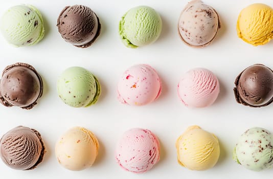 Brightly colored scoops of ice cream arranged neatly in rows, showcasing various flavors and textures, perfect for dessert lovers.
