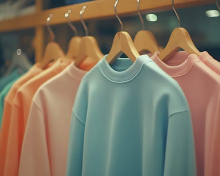 Colorful sweatshirts hang neatly on wooden hangers in a trendy clothing store, inviting shoppers to browse through the selection.