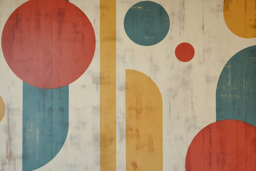 Bold shapes and colors create a vibrant abstract design on a textured wall, enhancing the contemporary space with artistic flair.