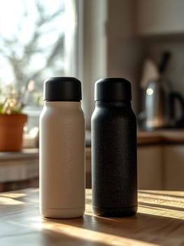 Two modern insulated water bottles sit on a wooden table in a kitchen, illuminated by natural light from the window.
