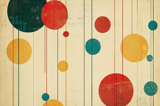 Bright circles in red, yellow, and green suspend from strings on a textured background, creating a vibrant visual display.