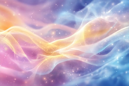 Soft, flowing pastel swirls blend in a dreamy landscape. Subtle sparkles add depth to an ethereal atmosphere during twilight.