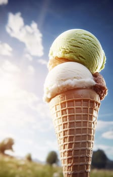 Two scoops of ice cream sit atop a cone against a bright sky, radiating warmth and inviting a sweet treat outdoors.