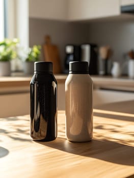 Two modern reusable bottles sit on a sunlit kitchen counter, showcasing a sleek black and beige design. A cozy atmosphere surrounds them.