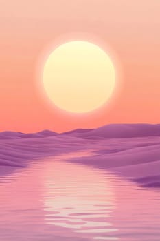 A captivating sunset casts a warm glow over rippling waters surrounded by soft, purple-hued dunes at dusk.