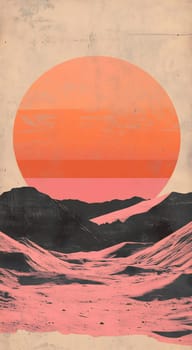 A large orange sun sets behind mountains, casting pink hues across a tranquil valley, evoking a serene atmosphere at dusk.
