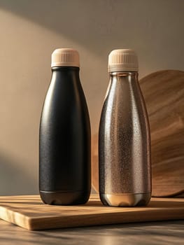 Two insulated water bottles sit on a wooden cutting board, showcasing a sleek black and a shimmering metallic design against a warm backdrop.