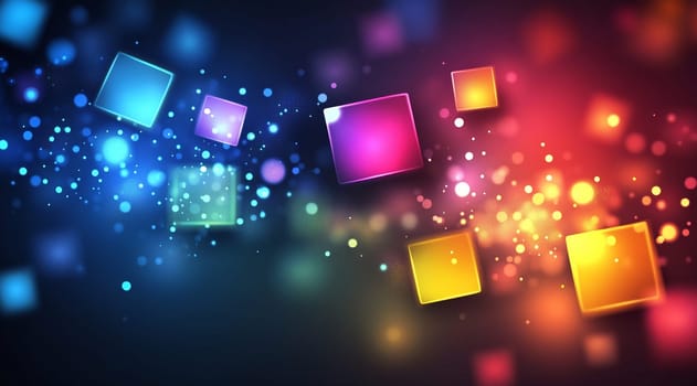 Colorful squares and circles float in a dark setting, creating a lively digital artwork filled with bright hues and sparkling lights.